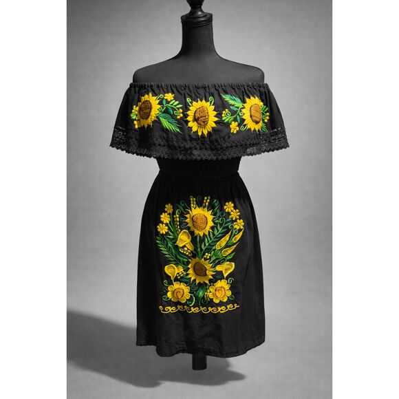 Dresses & Skirts - Boho Sunflower Embroidered Mexican Black Off Shoulder Dress S/M